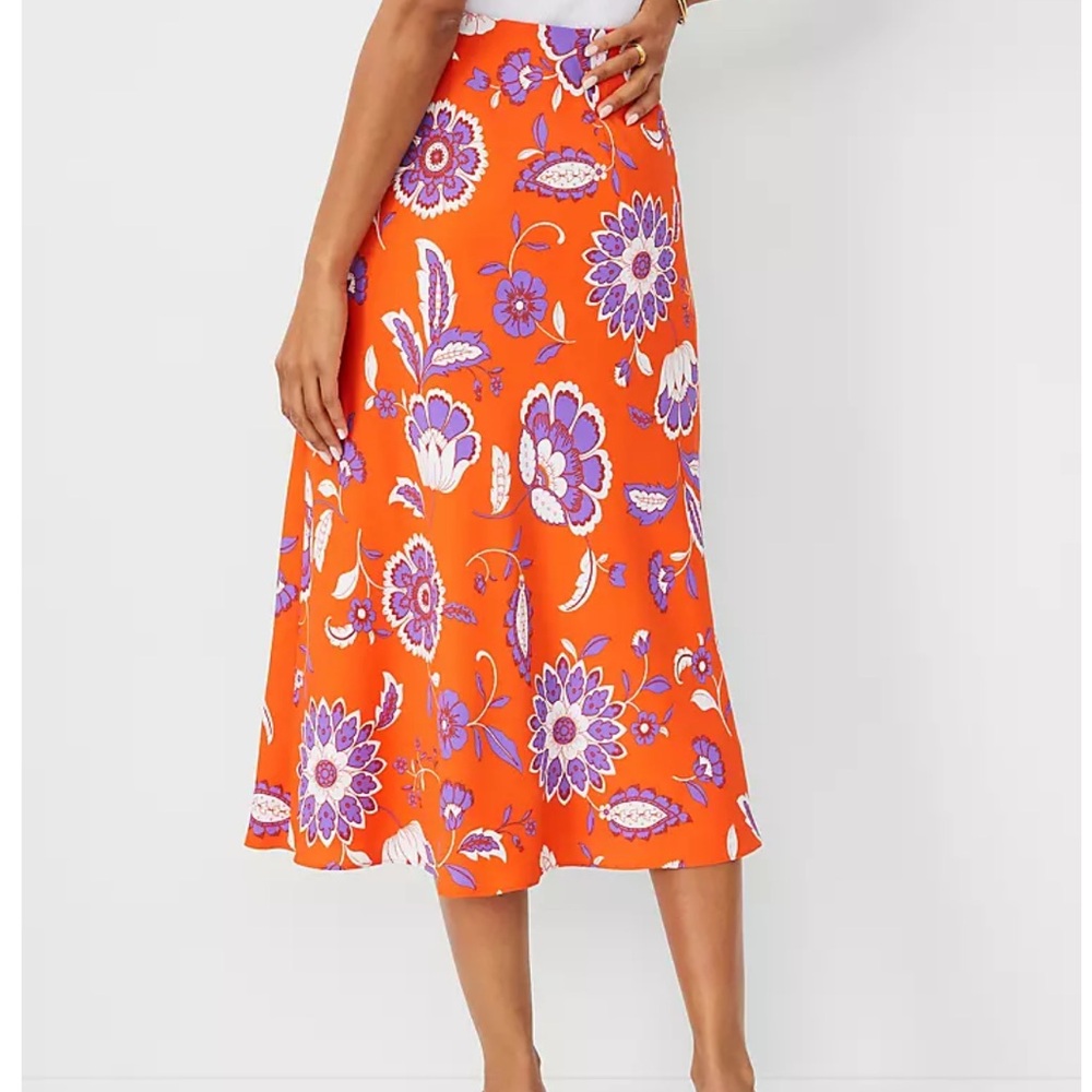Ann Taylor Floral Button Slit Midi Slip Skirt Orange XS NWT - Picture 3 of 10
